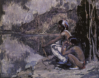 Loinclothed hobby; Obrzek dne - the picture od the day - awa rel - Ernest Berke, Oil on Canvase - Indian on a Cliff 