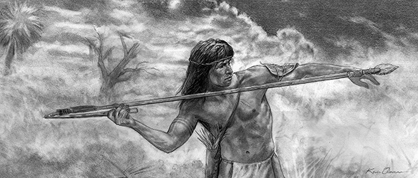 Loinclothed hobby; Obrzek dne - the picture od the day - awa rel - Art of Kevin Thomas - Seminole hunter gatherer launches spear with atlatl