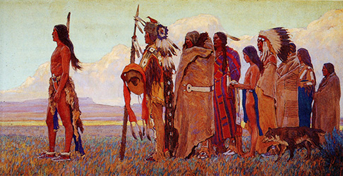 Loinclothed hobby; Obrzek dne - the picture od the day - awa rel - Maynard Dixon, group of standing  indians