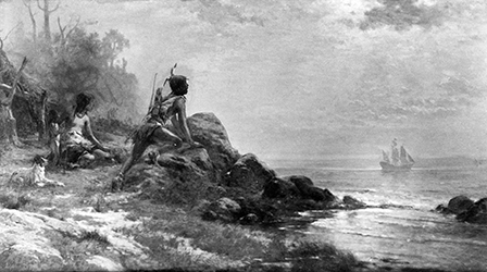 Loinclothed hobby; Obrzek dne - the picture od the day - awa rel - A native looks over New York Harbor to see the arrival of Henry Hudson in 1609