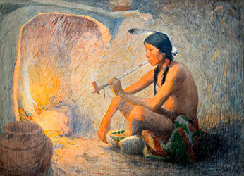 Loinclothed hobby; Obrzek dne - the picture od the day - awa rel -  Eanger Irving Couse, Indian with Pipe by Fireplace 