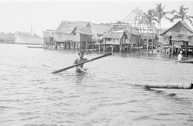 Loinclothed hobby; Obrzek dne - the picture od the day - awa rel - Philippines, man rowing on pole near stilt houses in Port Holland