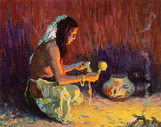 Loinclothed hobby; Obrzek dne - the picture od the day - awa rel - Eanger Irving Couse, Indian Brave Kneeling Before the Firelight, 1921