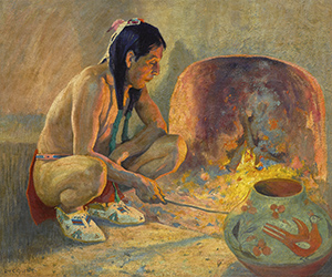 Loinclothed hobby; Obrzek dne - the picture od the day - awa rel - Eanger Irving Couse, Pueblo Fireplace, 1920