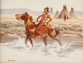 Loinclothed hobby; Obrzek dne - the picture od the day - awa rel - Oil on Board by Shep Chadhorn, Indian brave on horseback