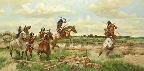 Loinclothed hobby; Obrzek dne - the picture od the day - awa rel - Art of Jack N. Swanson, Starting a Buffalo Run