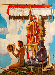 Loinclothed hobby; Obrzek dne - the picture od the day - awa rel - Art of Hernando Villa Indian Chieftain holding feathered staff, 1947