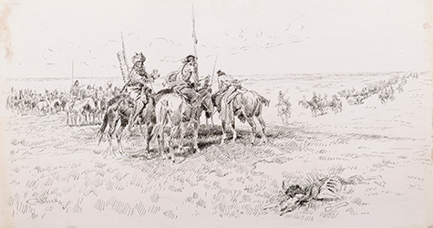 Loinclothed hobby; Obrzek dne - the picture od the day - awa rel - Art of Charles M. Russell, Indians Meet First Wagon Train West of Mississippi