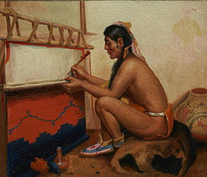 Loinclothed hobby; Obrzek dne - the picture od the day - awa rel - Portrait of a Native American at a Loom  Signed indistinctly l.r.