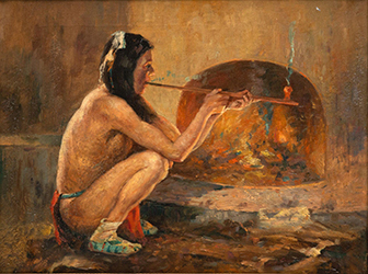 Loinclothed hobby; Obrzek dne - the picture od the day - awa rel - Native American with a Pipe  Council Fire, art of Eanger Irving Couse