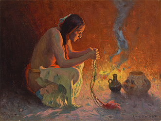 Loinclothed hobby; Obrzek dne - the picture od the day - awa rel - Crouching Indian by a Fire, art of E. Irving Couse