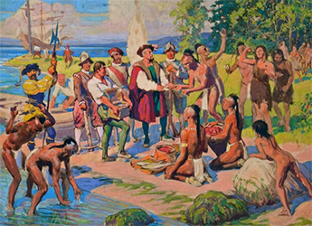 Loinclothed hobby; Obr�zek dne - the picture od the day - �awa rel - Jacques Cartier and iroquois, art of Adam Sheriff-Scott