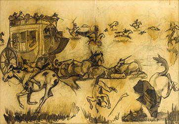 Loinclothed hobby; Obr�zek dne - the picture od the day - �awa rel - art of Ruth Monro Augur -  Mural Study ~ Indians Raiding a Stagecoach