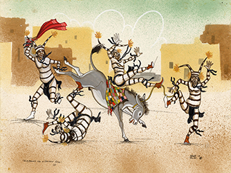 Loinclothed hobby; Obr�zek dne - the picture od the day - �awa rel - art of  N.D. ~ 1971 - Tewa Clowns For A Donkey Ride