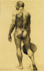 Loinclothed hobby; Obr�zek dne - the picture od the day - �awa rel -  Drawing of a Male Nude Holding a Hat - Edward Orestuk